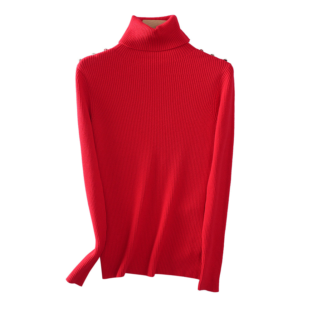 Women’s Ribbed Turtleneck Sweater | Slim Fit Pullover | Shoulder Button Design | OEM/ODM Women’s Knitwear Supplier