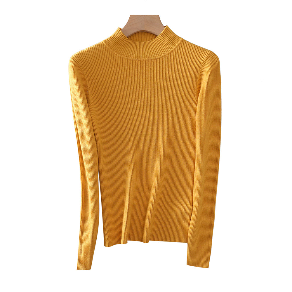 Slim Fit Mock Neck Mustard Ribbed Knit Turtleneck Sweater for Women