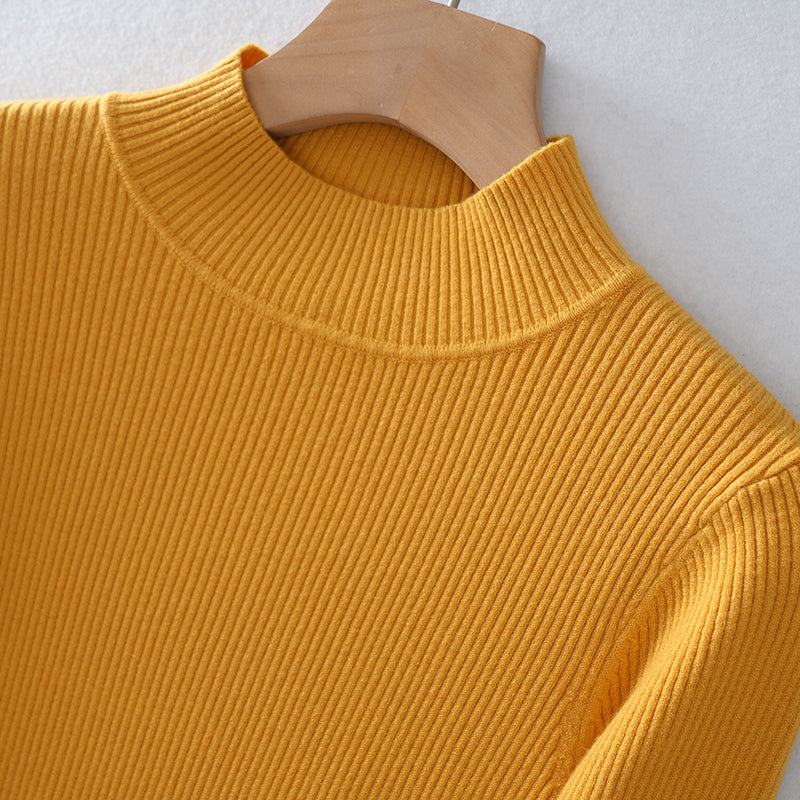 Slim Fit Mock Neck Mustard Ribbed Knit Turtleneck Sweater for Women