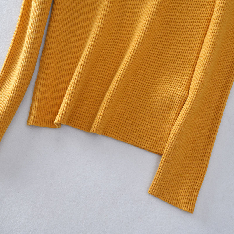 Slim Fit Mock Neck Mustard Ribbed Knit Turtleneck Sweater for Women