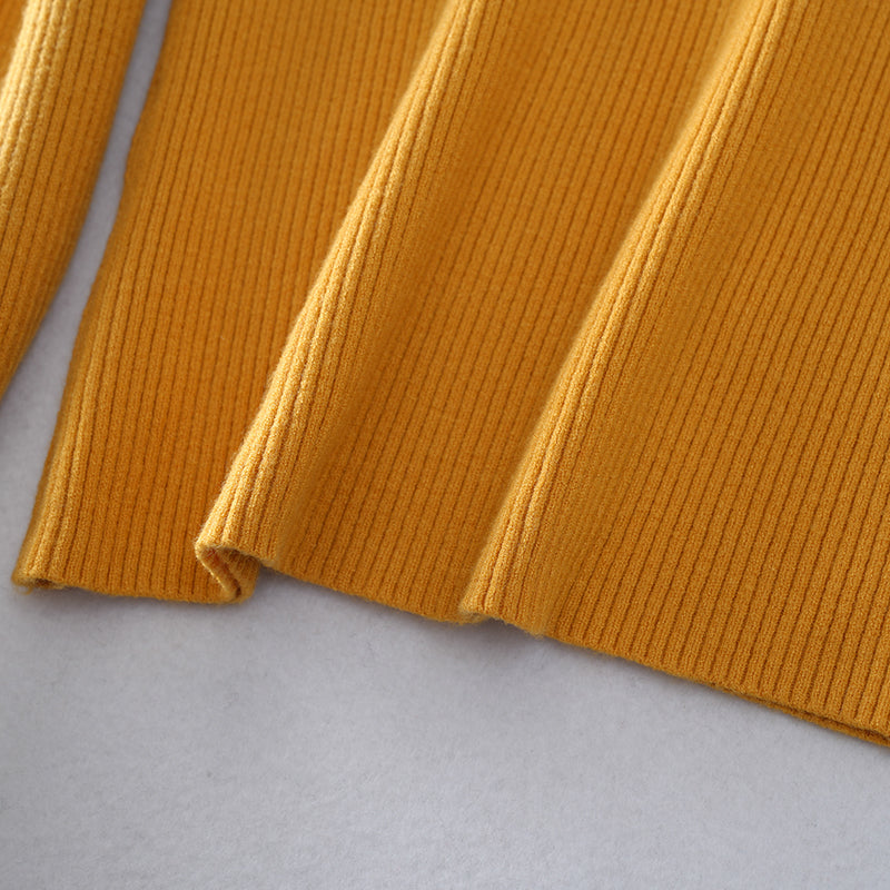 Slim Fit Mock Neck Mustard Ribbed Knit Turtleneck Sweater for Women