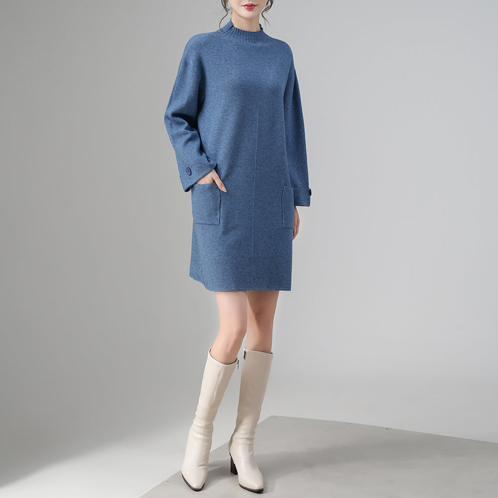 Vestido largo de punto con cuello alto al por mayor: jersey holgado y cálido con bolsillos | Colección de invierno para mujer