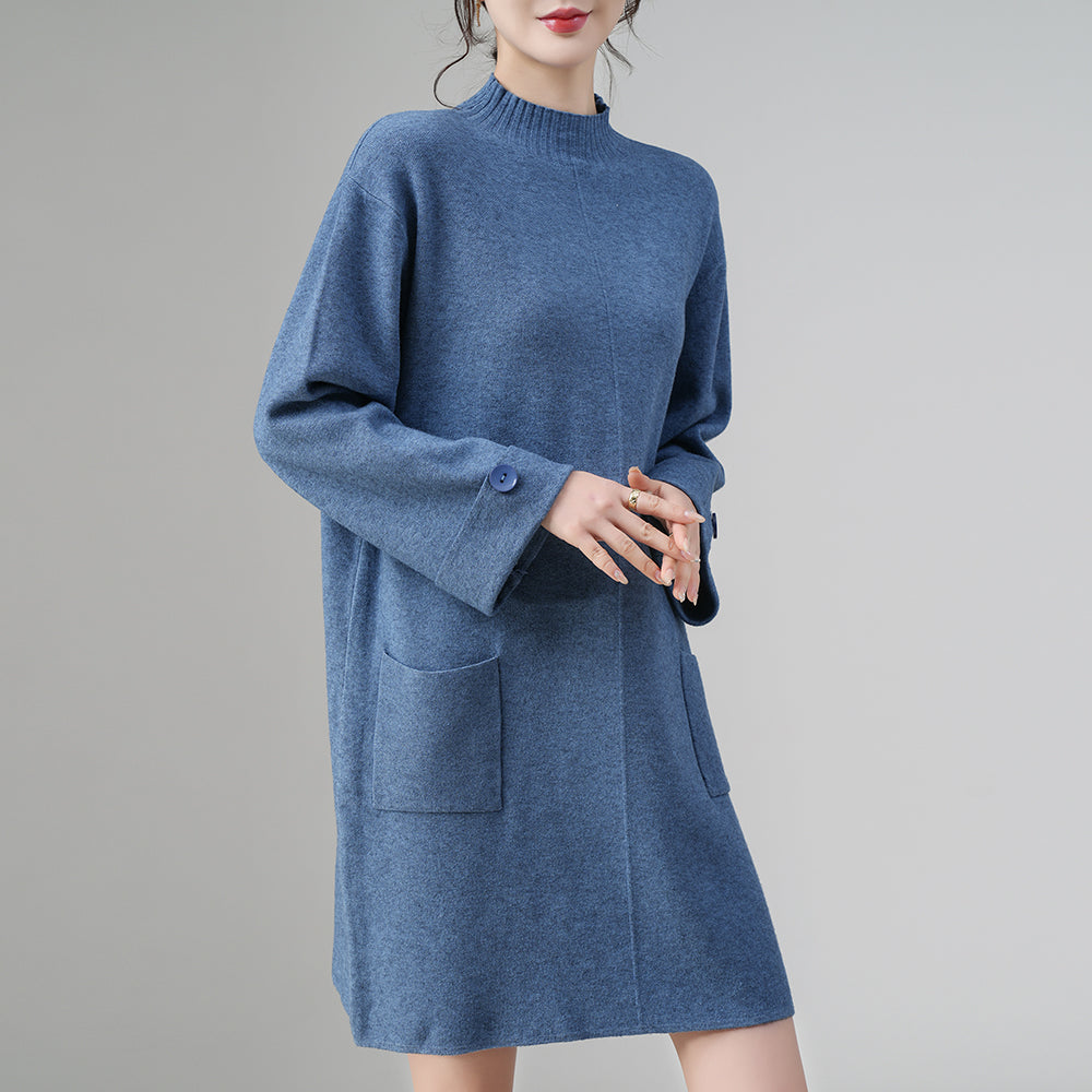 Vestido largo de punto con cuello alto al por mayor: jersey holgado y cálido con bolsillos | Colección de invierno para mujer