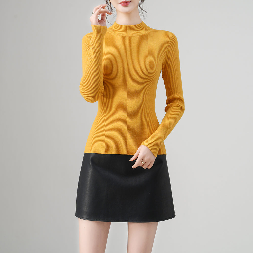 Slim Fit Mock Neck Mustard Ribbed Knit Turtleneck Sweater for Women