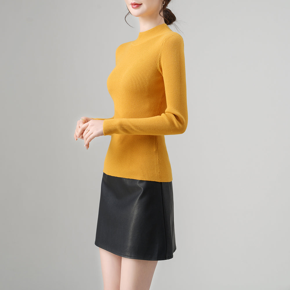 Slim Fit Mock Neck Mustard Ribbed Knit Turtleneck Sweater for Women