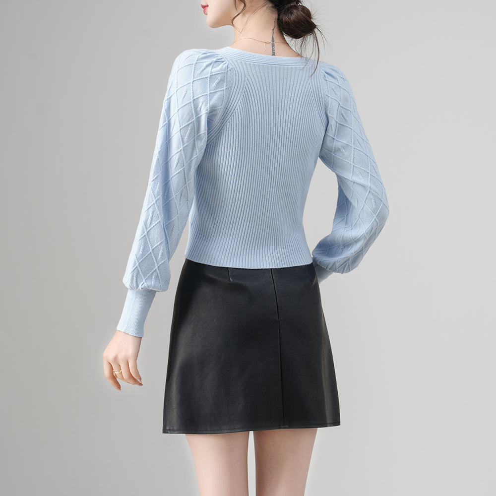 Women’s V-Neck Lantern Sleeve Buttons Polyester Cardigan | Casual Knitwear OEM Supplier