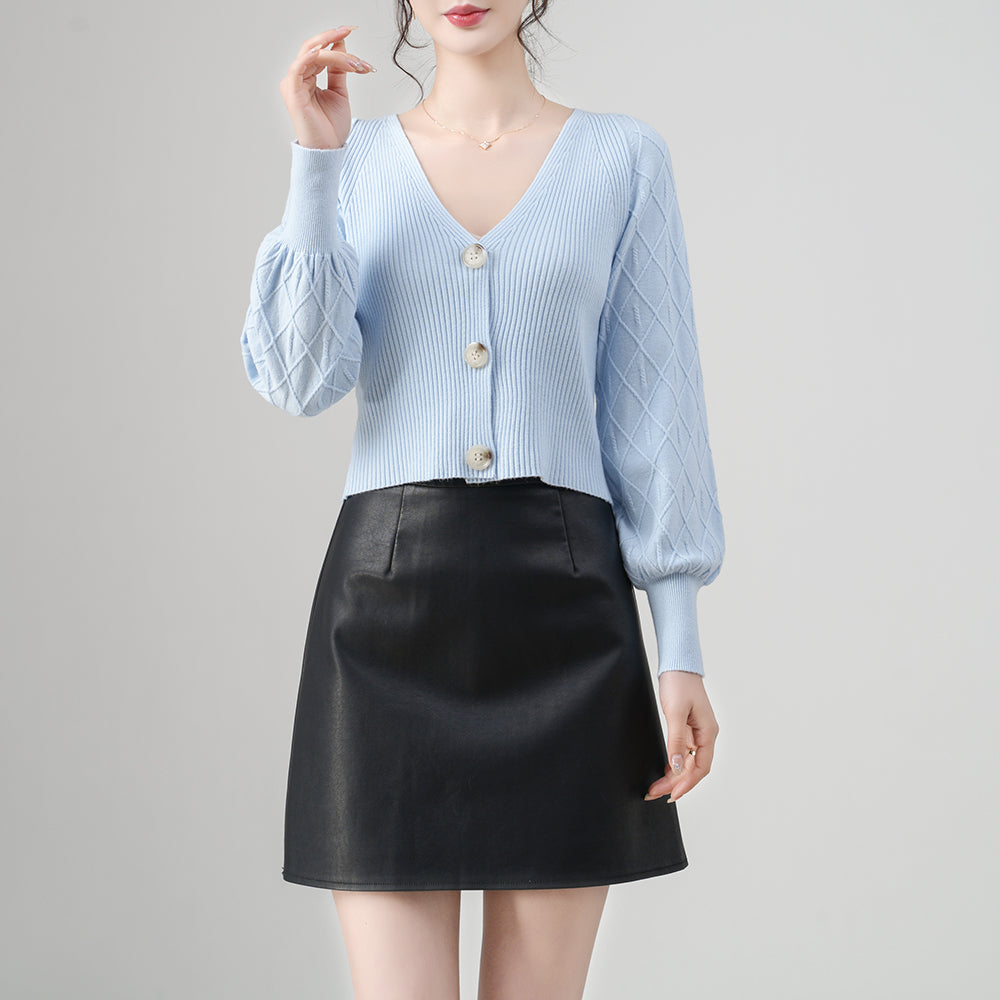 Women’s V-Neck Lantern Sleeve Buttons Polyester Cardigan | Casual Knitwear OEM Supplier