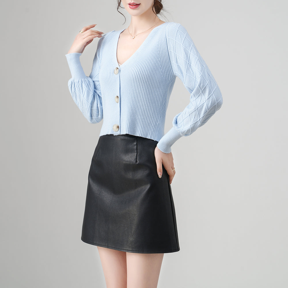 Women’s V-Neck Lantern Sleeve Buttons Polyester Cardigan | Casual Knitwear OEM Supplier