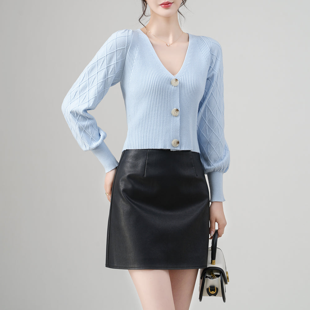 Women’s V-Neck Lantern Sleeve Buttons Polyester Cardigan | Casual Knitwear OEM Supplier