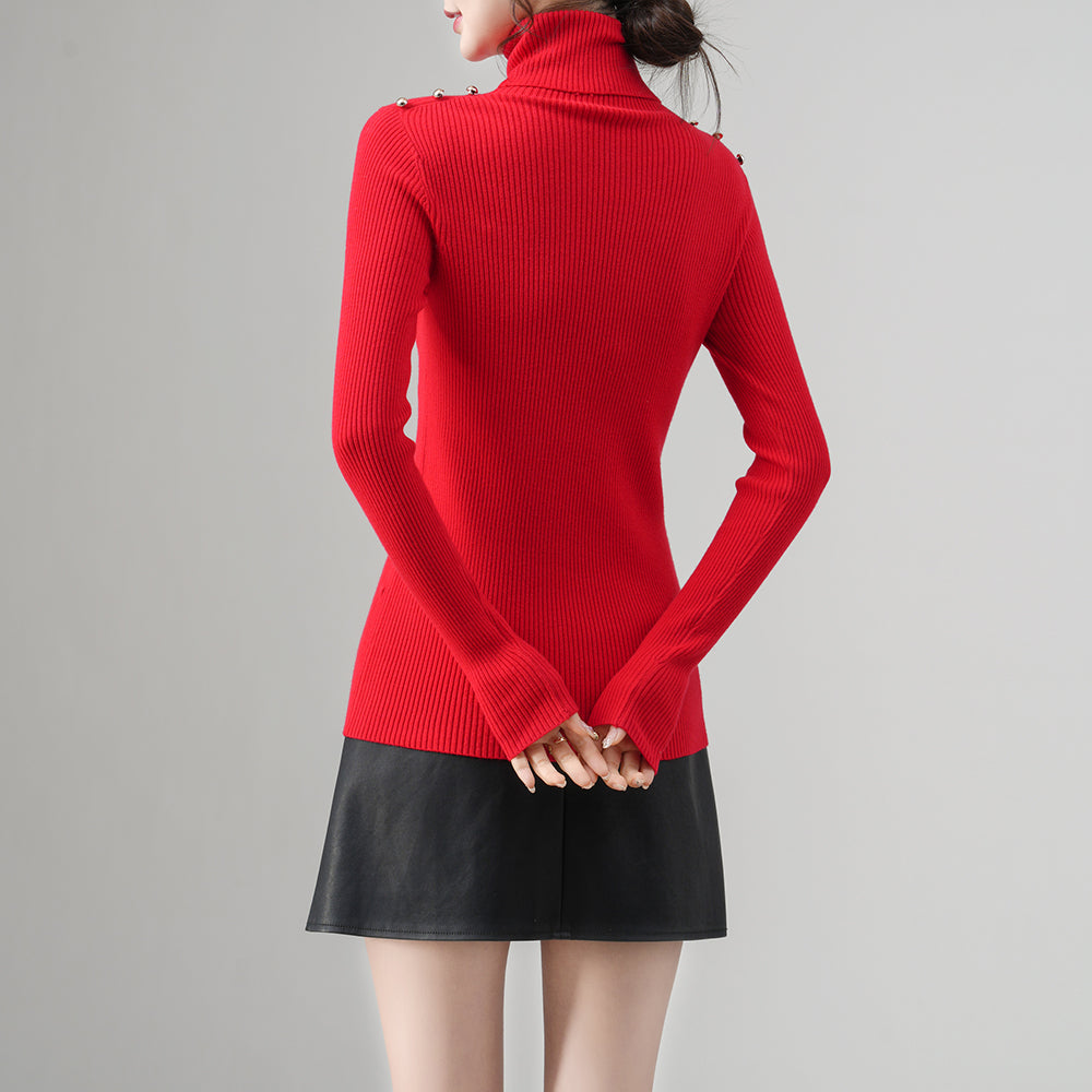 Women’s Ribbed Turtleneck Sweater | Slim Fit Pullover | Shoulder Button Design | OEM/ODM Women’s Knitwear Supplier