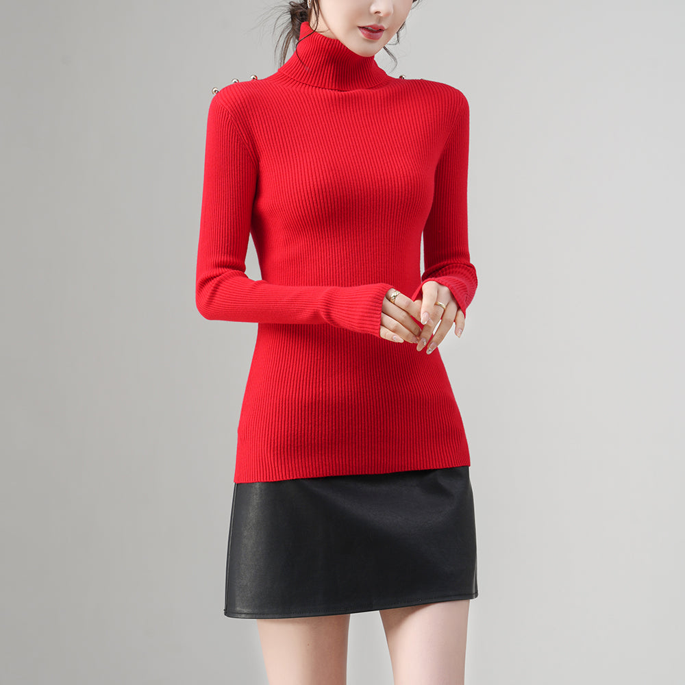Women’s Ribbed Turtleneck Sweater | Slim Fit Pullover | Shoulder Button Design | OEM/ODM Women’s Knitwear Supplier