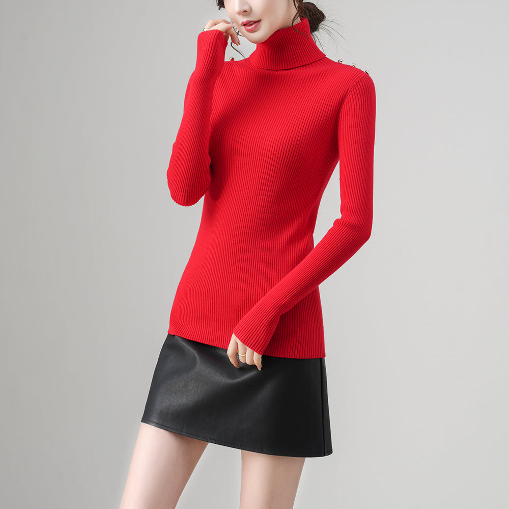 Women’s Ribbed Turtleneck Sweater | Slim Fit Pullover | Shoulder Button Design | OEM/ODM Women’s Knitwear Supplier