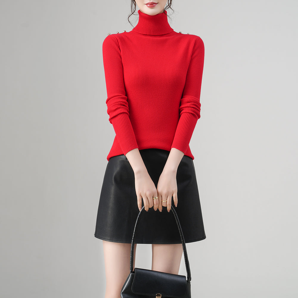 Women’s Ribbed Turtleneck Sweater | Slim Fit Pullover | Shoulder Button Design | OEM/ODM Women’s Knitwear Supplier
