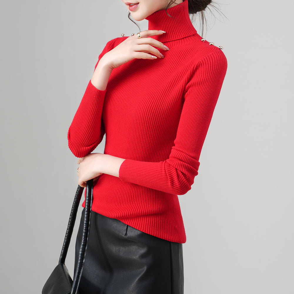 Women’s Ribbed Turtleneck Sweater | Slim Fit Pullover | Shoulder Button Design | OEM/ODM Women’s Knitwear Supplier