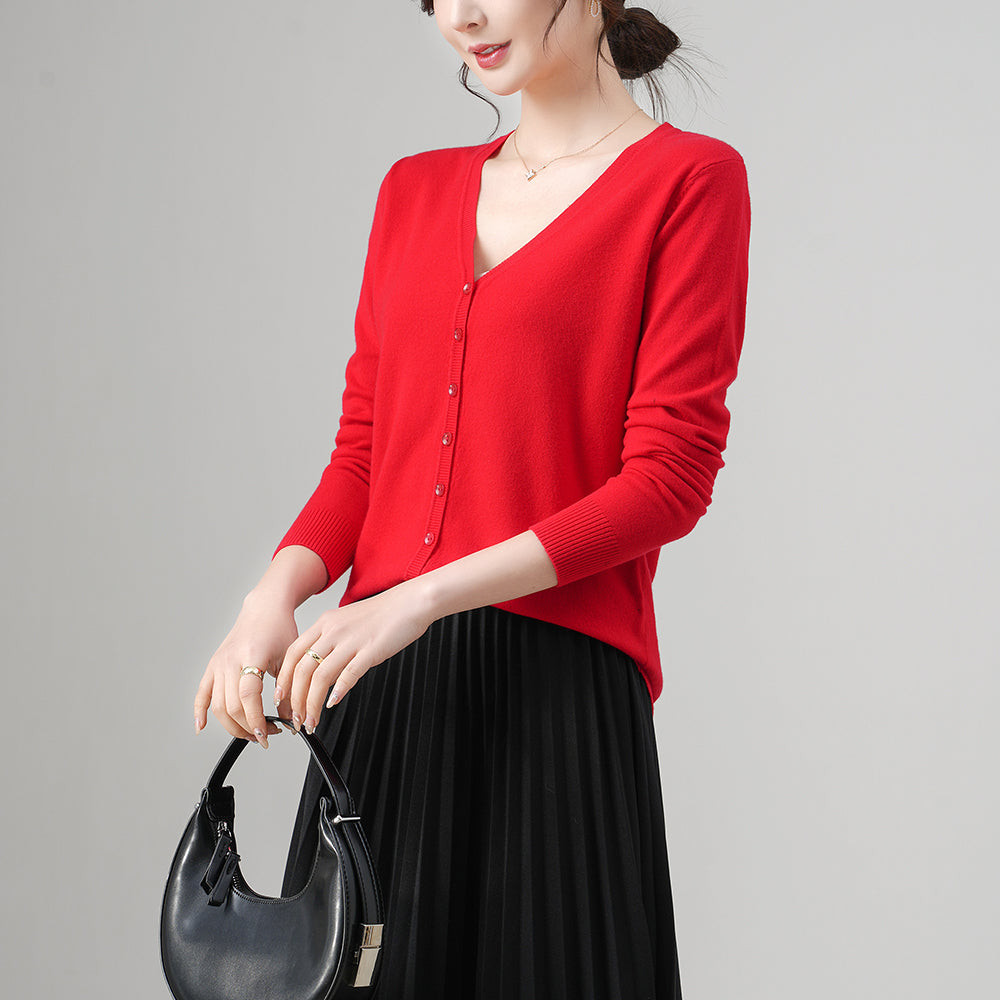 Cárdigan de cuello en V acanalado para mujer | Suéter ajustado con botones | Top de punto informal | Venta al por mayor y personalización de fábrica