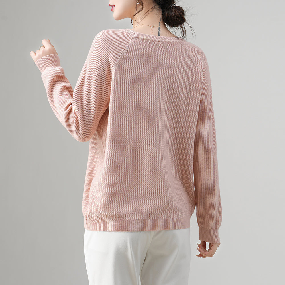 Suéter de punto suelto para mujer, con textura, cuello redondo, rosa claro y mangas raglán