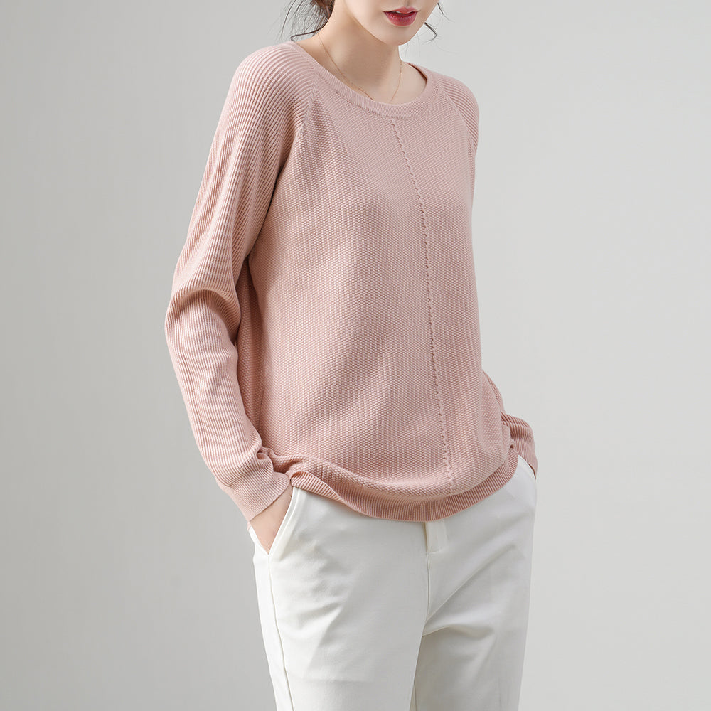 Suéter de punto suelto para mujer, con textura, cuello redondo, rosa claro y mangas raglán