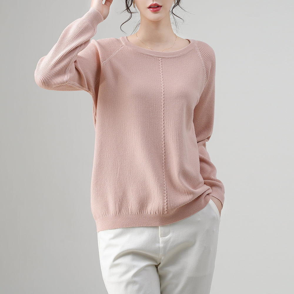 Suéter de punto suelto para mujer, con textura, cuello redondo, rosa claro y mangas raglán