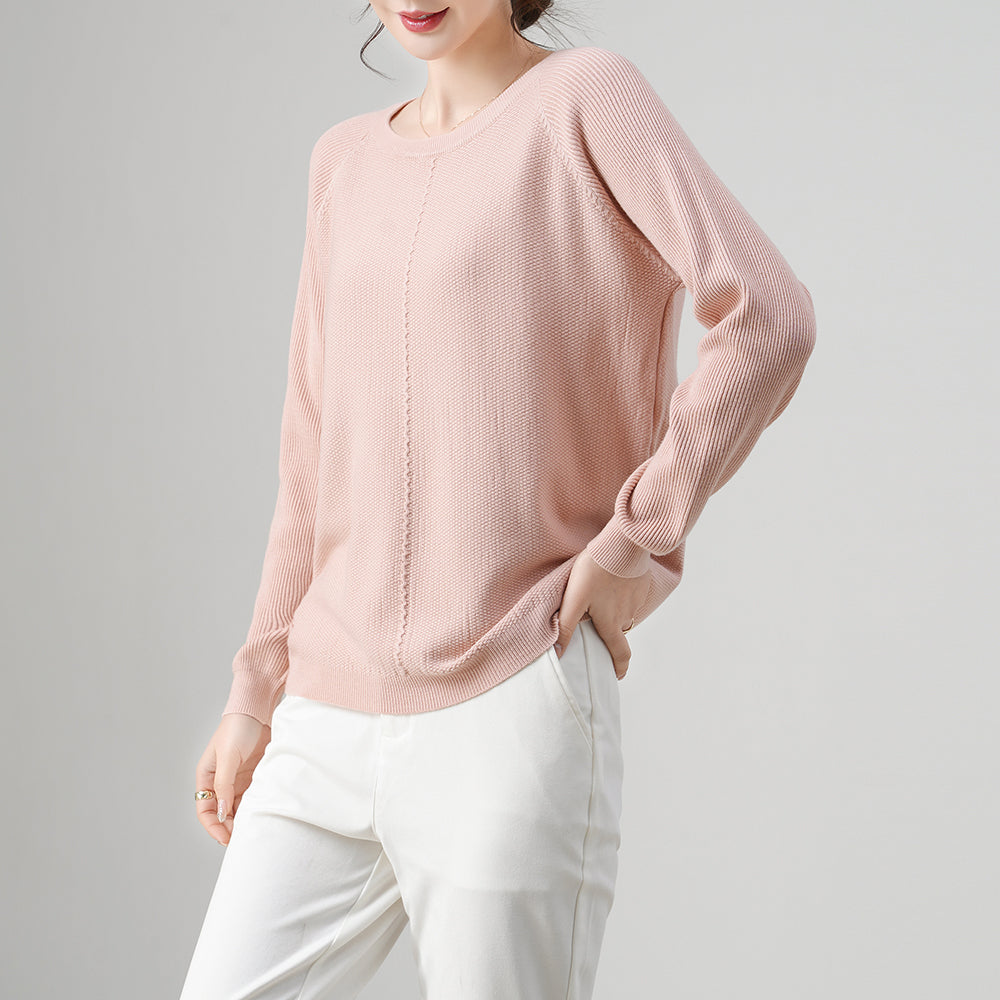 Suéter de punto suelto para mujer, con textura, cuello redondo, rosa claro y mangas raglán