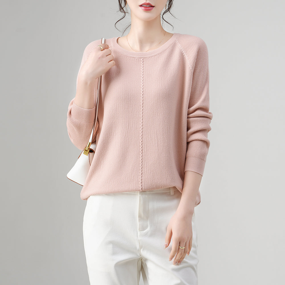 Suéter de punto suelto para mujer, con textura, cuello redondo, rosa claro y mangas raglán