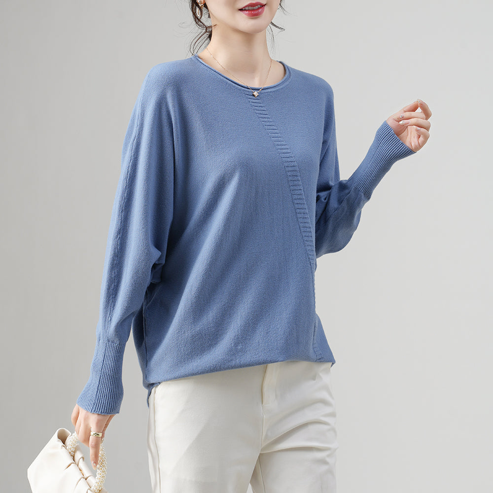 Suéter de punto holgado con mangas murciélago para mujer | Detalle de canalé asimétrico | Cuello redondo | Jersey ligero | Personalizable