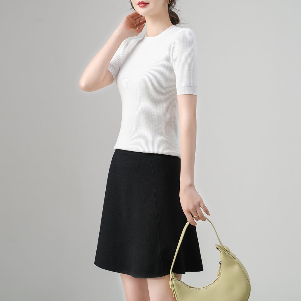 Custom Women’s Crew Neck Short Sleeve Ribbed Sweater – Soft Touch Knitwear for Bulk Order | OEM ODM Available