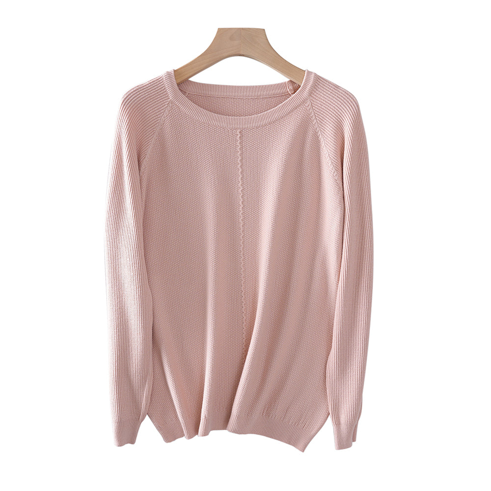 Suéter de punto suelto para mujer, con textura, cuello redondo, rosa claro y mangas raglán