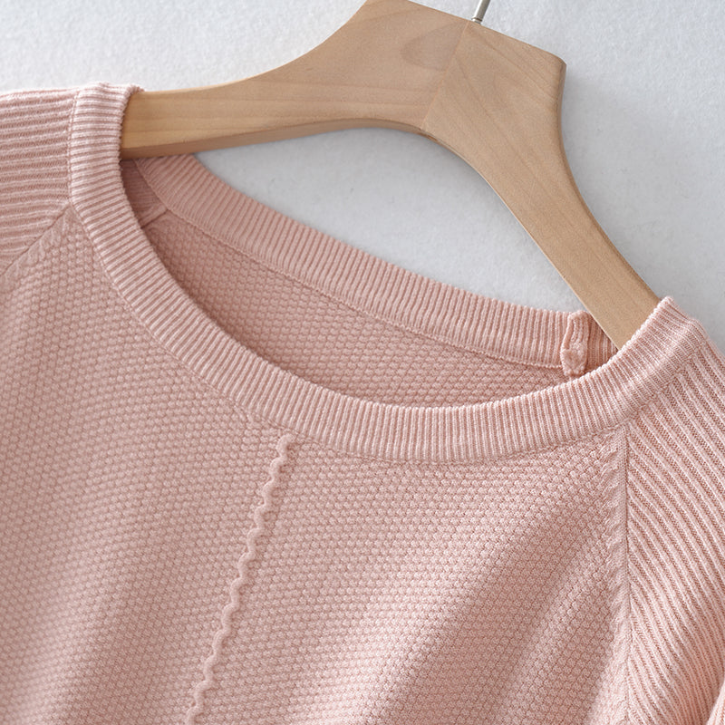 Suéter de punto suelto para mujer, con textura, cuello redondo, rosa claro y mangas raglán