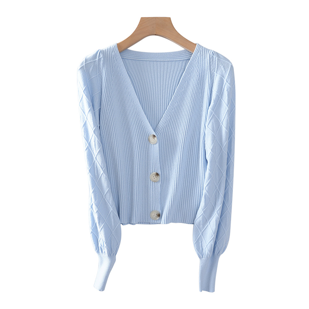 Women’s V-Neck Lantern Sleeve Buttons Polyester Cardigan | Casual Knitwear OEM Supplier