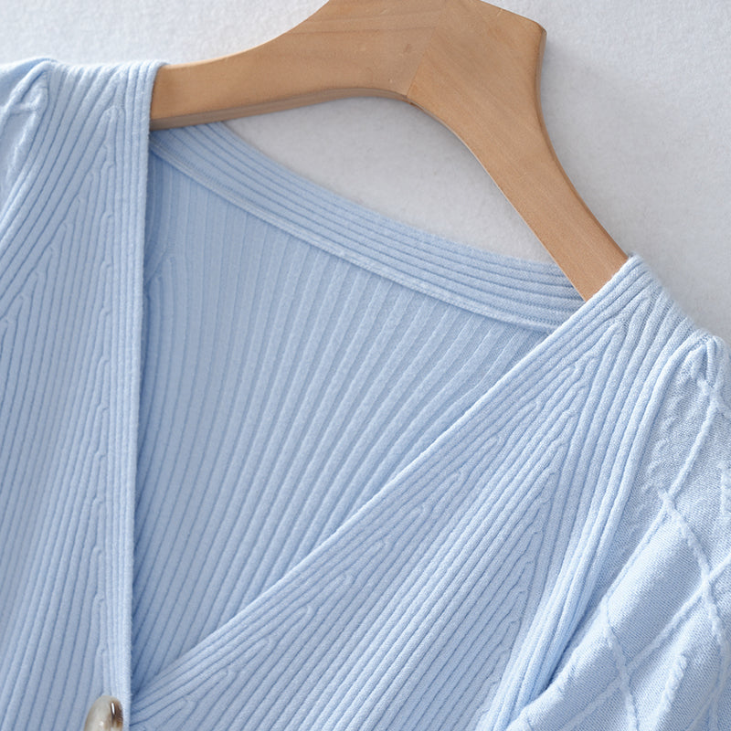 Women’s V-Neck Lantern Sleeve Buttons Polyester Cardigan | Casual Knitwear OEM Supplier