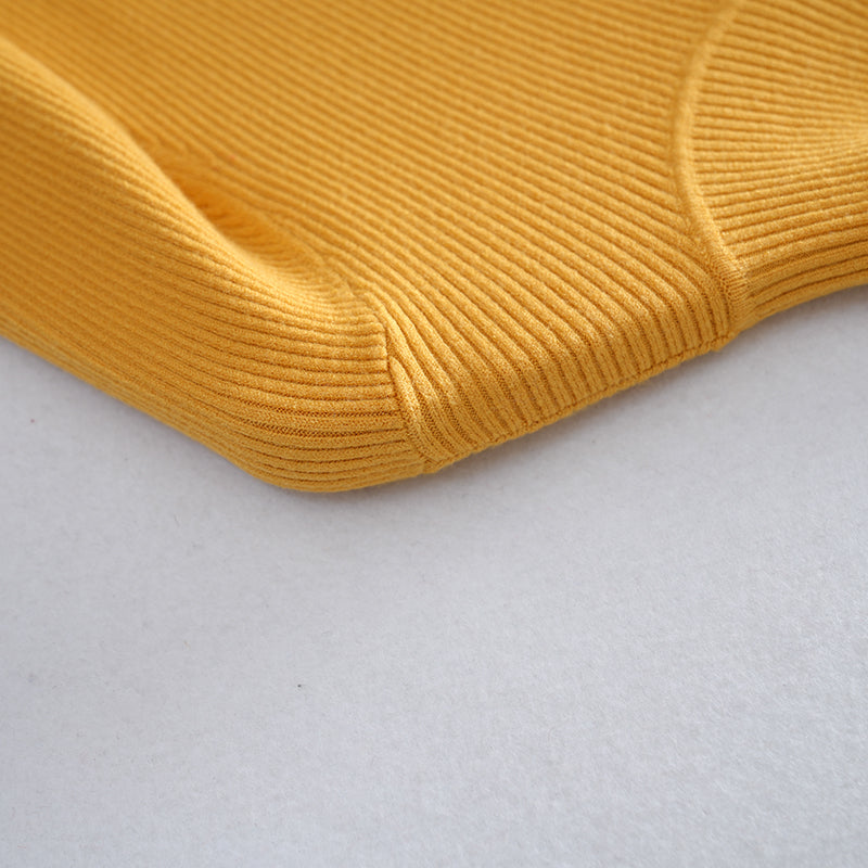 Slim Fit Mock Neck Mustard Ribbed Knit Turtleneck Sweater for Women