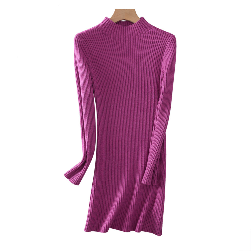 Vestido de punto acanalado para mujer al por mayor | Cuello alto | Ajustado al cuerpo | Personalizado OEM/ODM | Moda otoño-invierno | Más de 10 colores | Tallas S-3XL