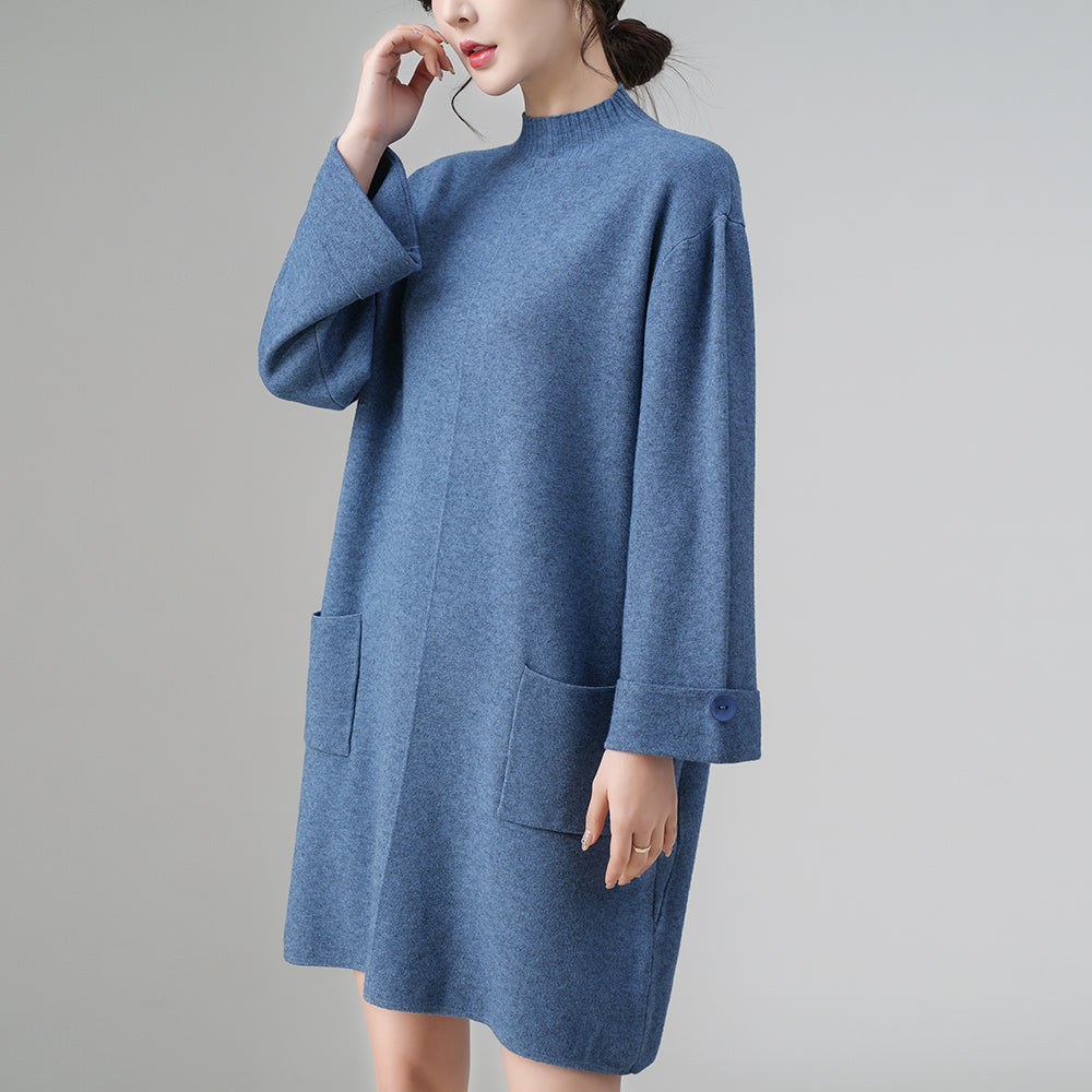 Vestido largo de punto con cuello alto al por mayor: jersey holgado y cálido con bolsillos | Colección de invierno para mujer