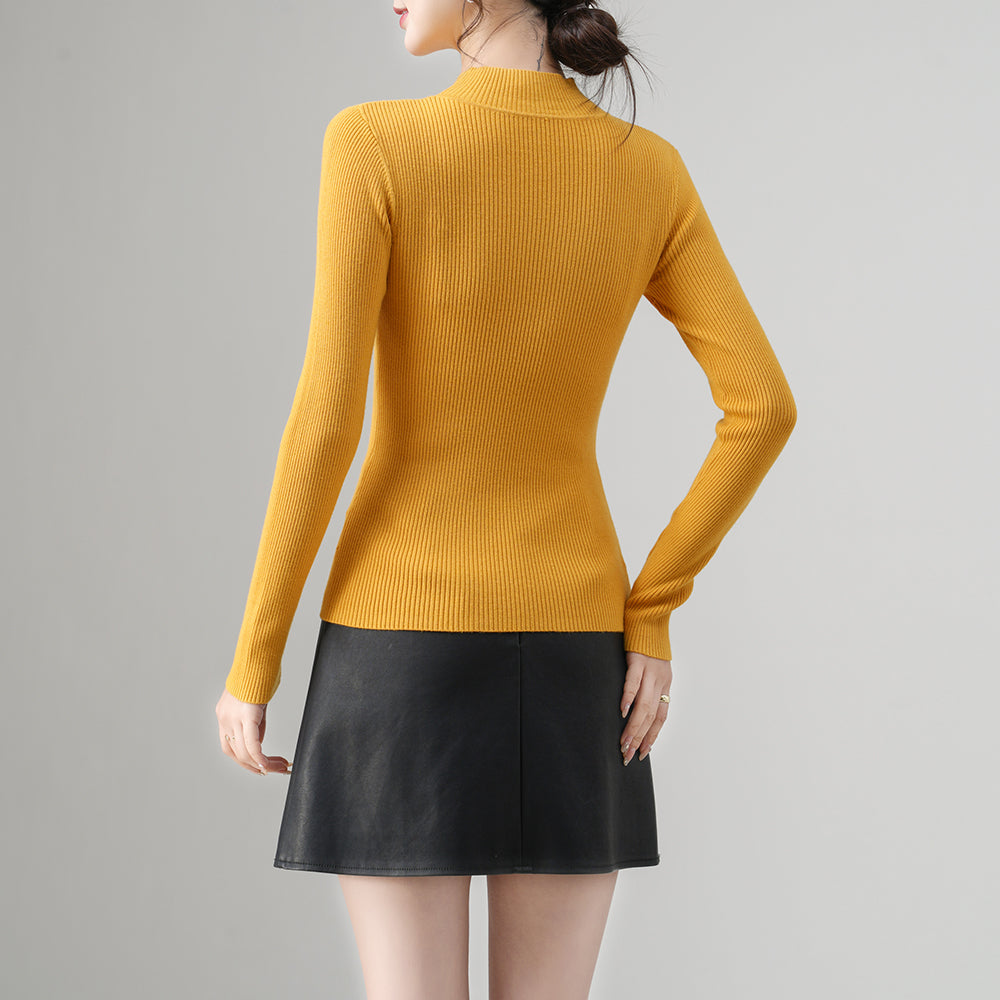 Slim Fit Mock Neck Mustard Ribbed Knit Turtleneck Sweater for Women
