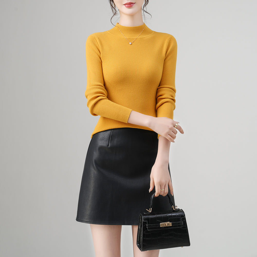Slim Fit Mock Neck Mustard Ribbed Knit Turtleneck Sweater for Women