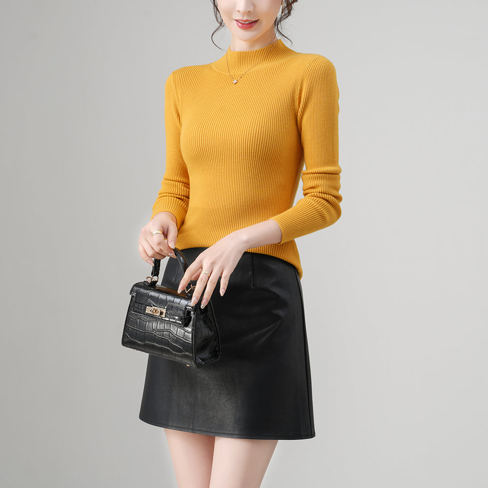 Slim Fit Mock Neck Mustard Ribbed Knit Turtleneck Sweater for Women