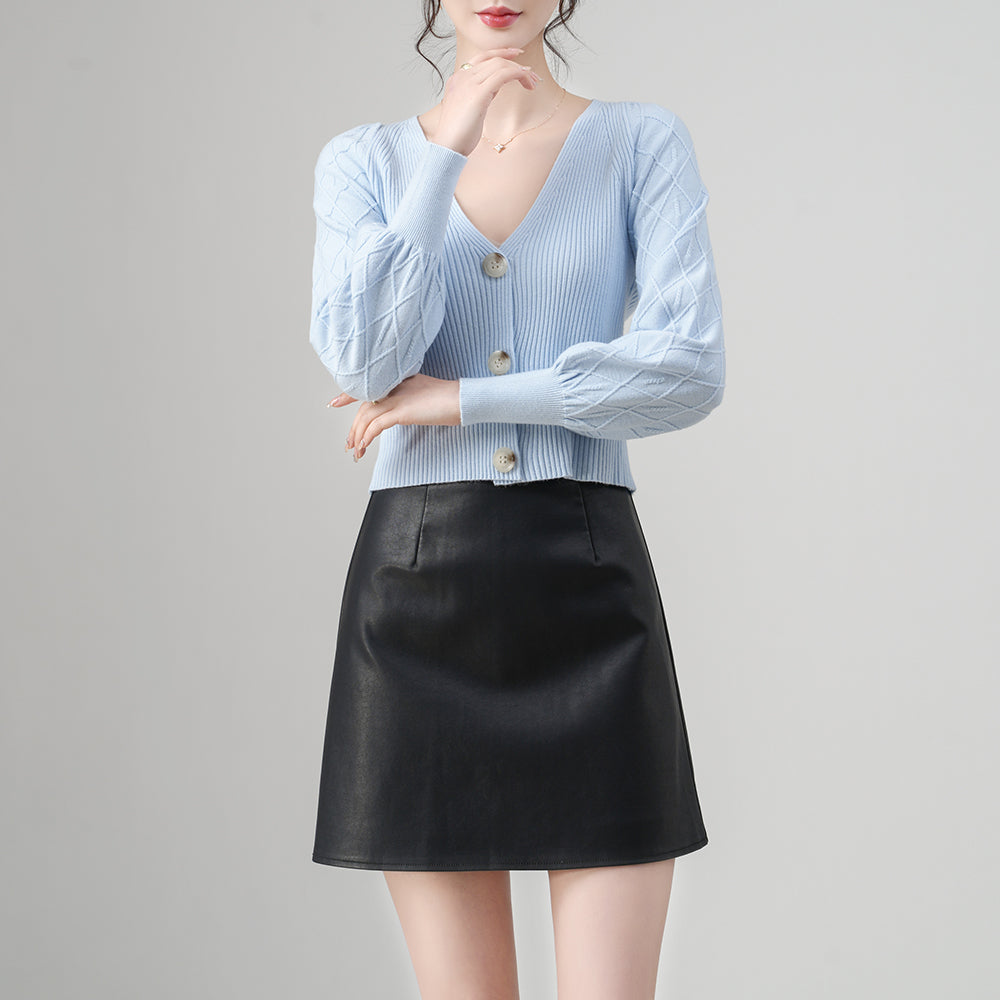Women’s V-Neck Lantern Sleeve Buttons Polyester Cardigan | Casual Knitwear OEM Supplier