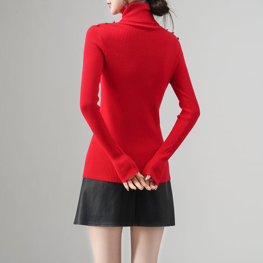 Suéter de cuello alto acanalado para mujer | Jersey ajustado | Diseño con botones en los hombros | Proveedor OEM/ODM de prendas de punto para mujer