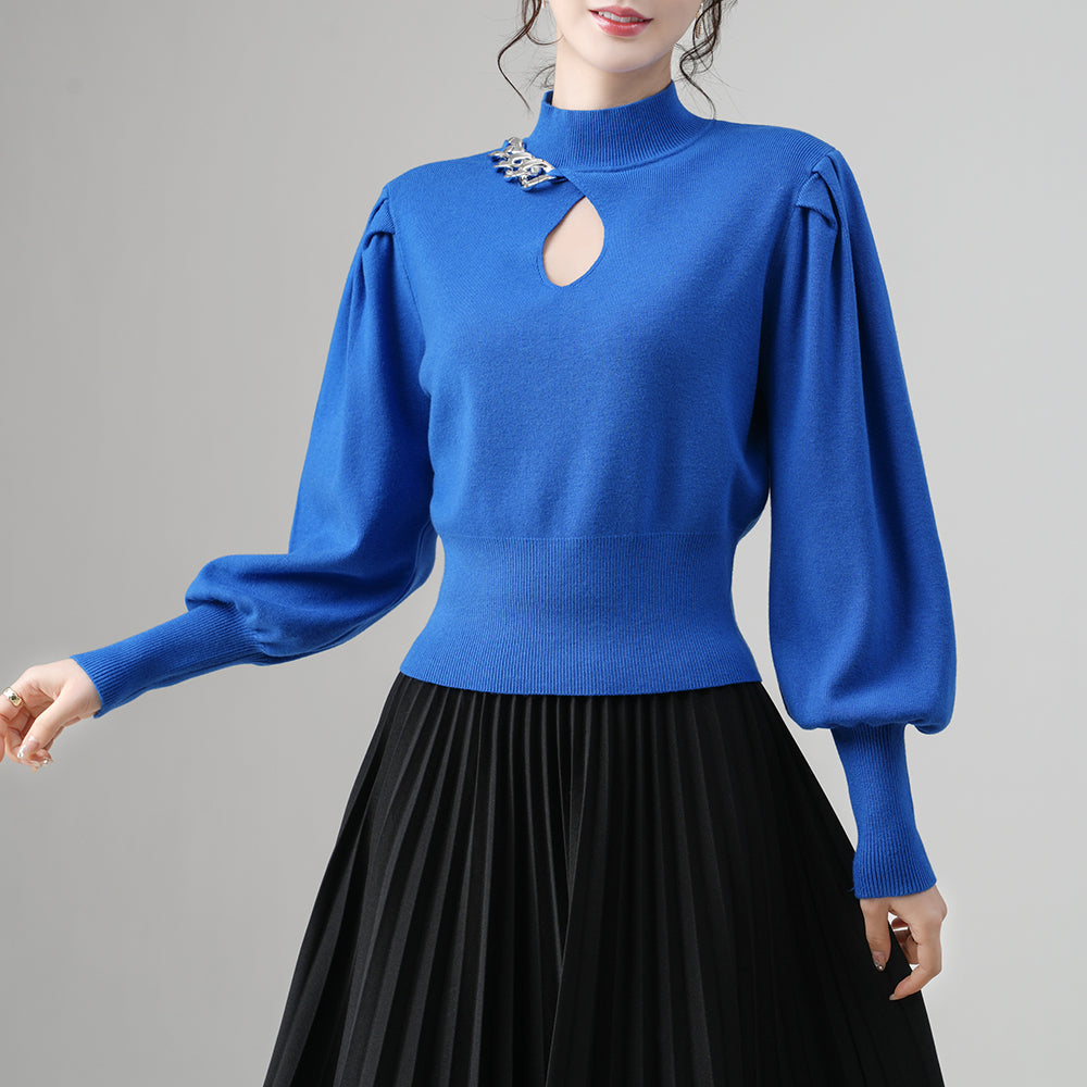 Wholesale Women's Knit Sweater – Puff Sleeve Chain Detail Keyhole Top | Fall Winter Fashion