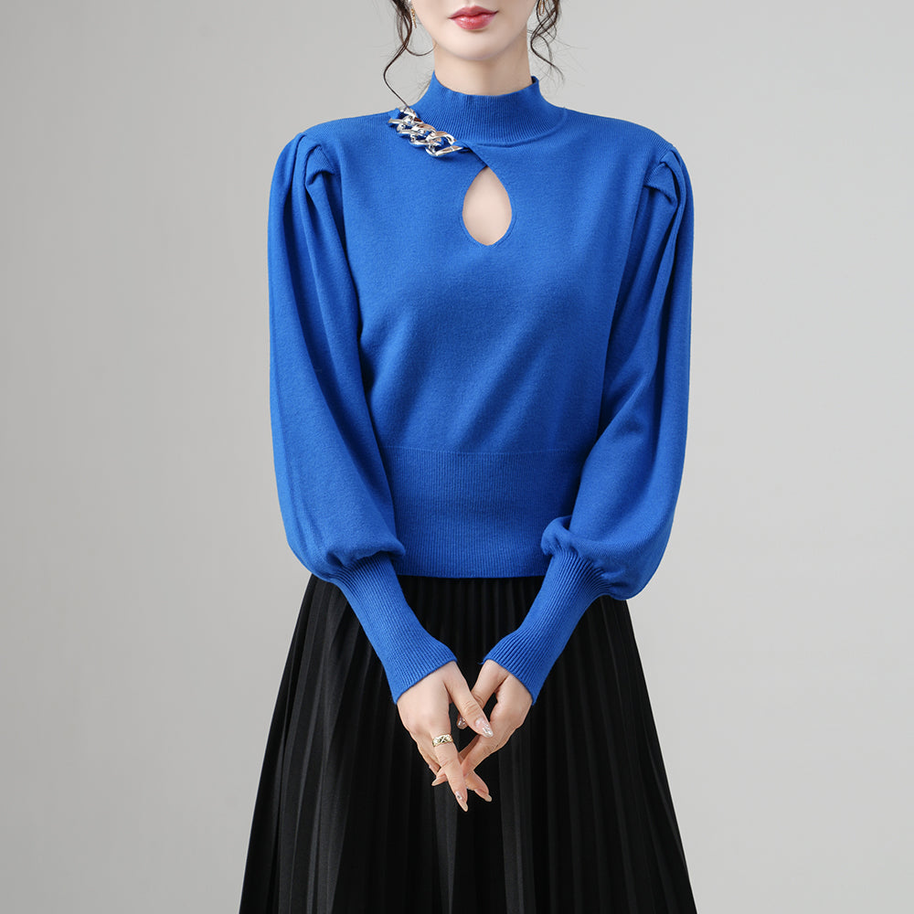 Wholesale Women's Knit Sweater – Puff Sleeve Chain Detail Keyhole Top | Fall Winter Fashion