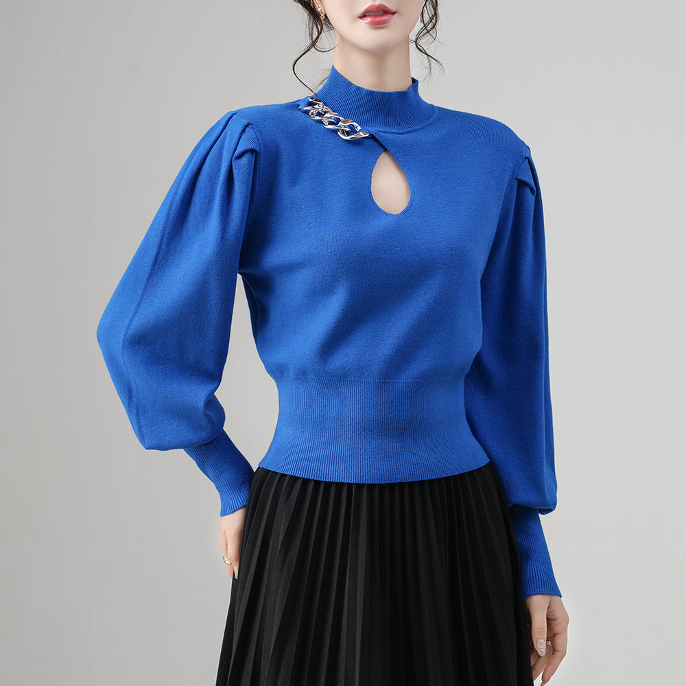 Wholesale Women's Knit Sweater – Puff Sleeve Chain Detail Keyhole Top | Fall Winter Fashion