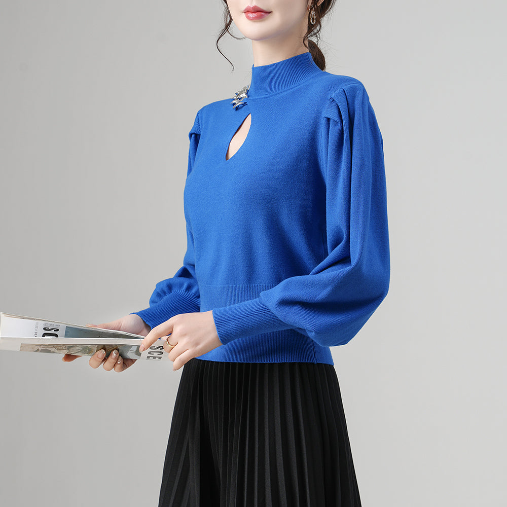 Wholesale Women's Knit Sweater – Puff Sleeve Chain Detail Keyhole Top | Fall Winter Fashion