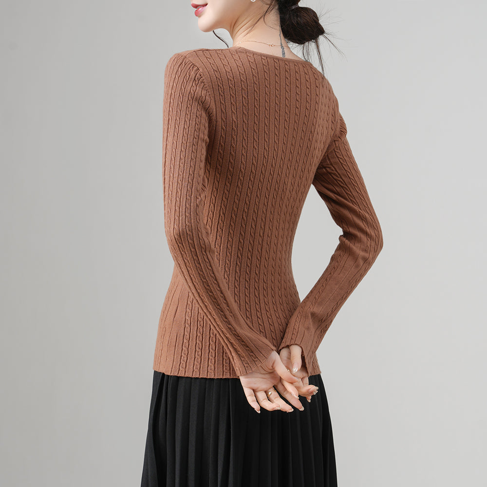 Slim Fit Women’s Pullover V Neck Sweater – Trendy Cable  Ribbed Knit for Wholesale | Custom Colors & Sizing