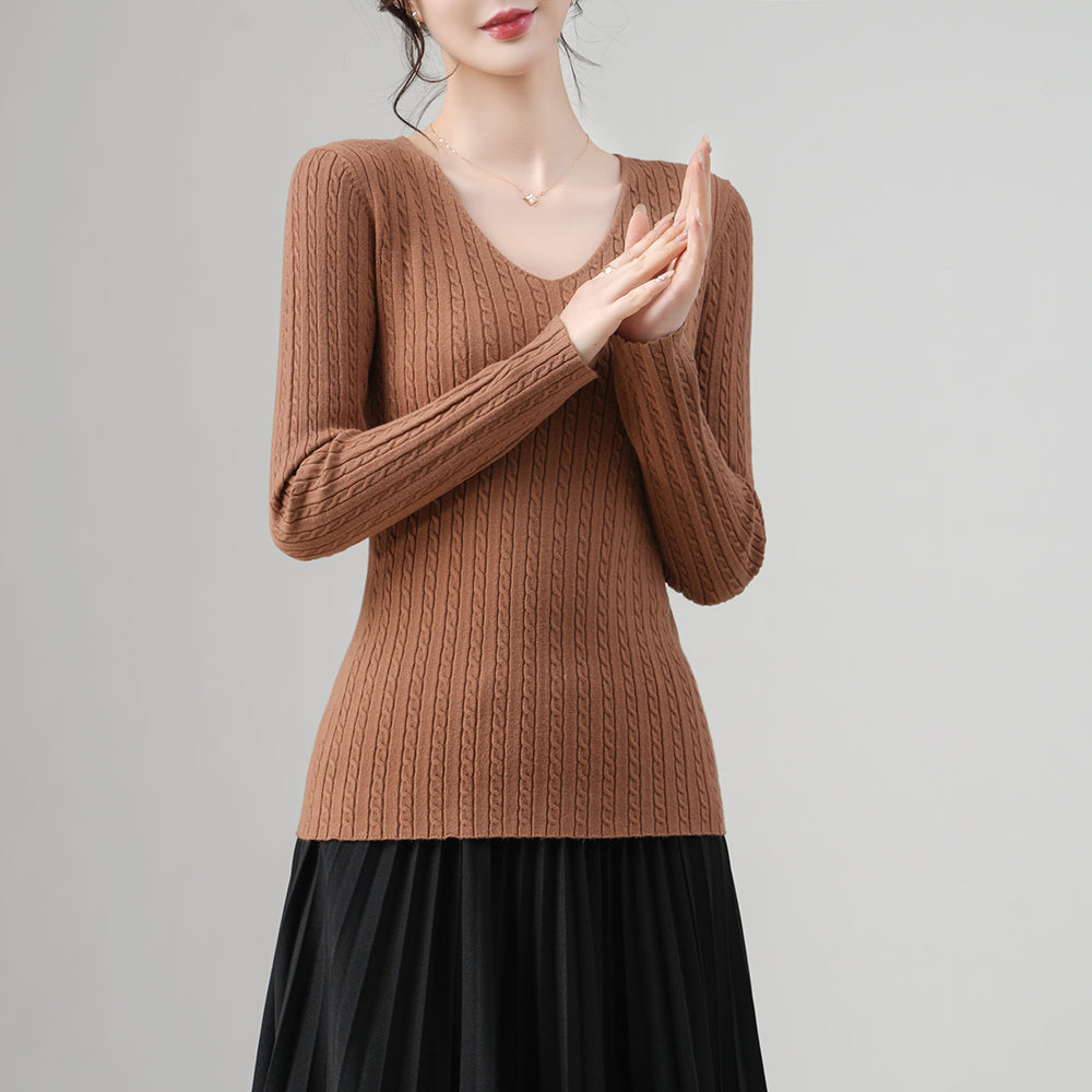 Slim Fit Women’s Pullover V Neck Sweater – Trendy Cable  Ribbed Knit for Wholesale | Custom Colors & Sizing