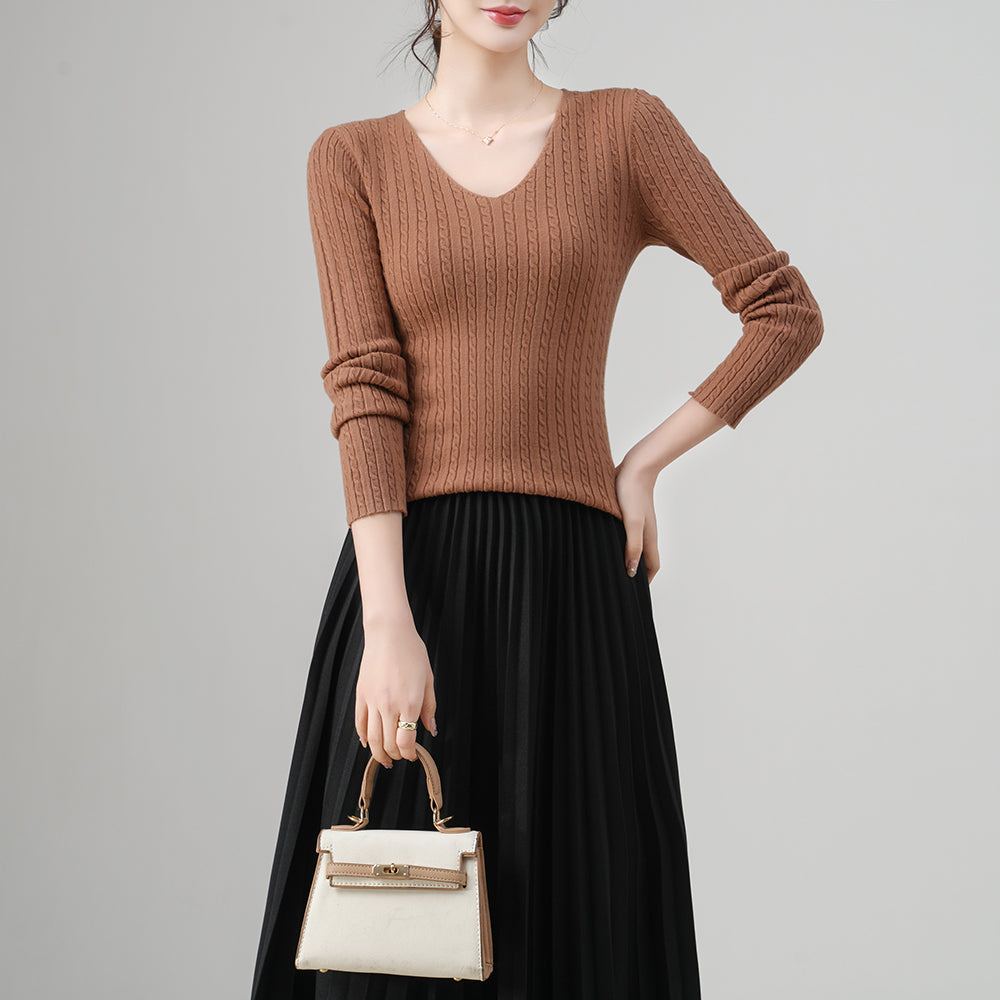 Slim Fit Women’s Pullover V Neck Sweater – Trendy Cable  Ribbed Knit for Wholesale | Custom Colors & Sizing