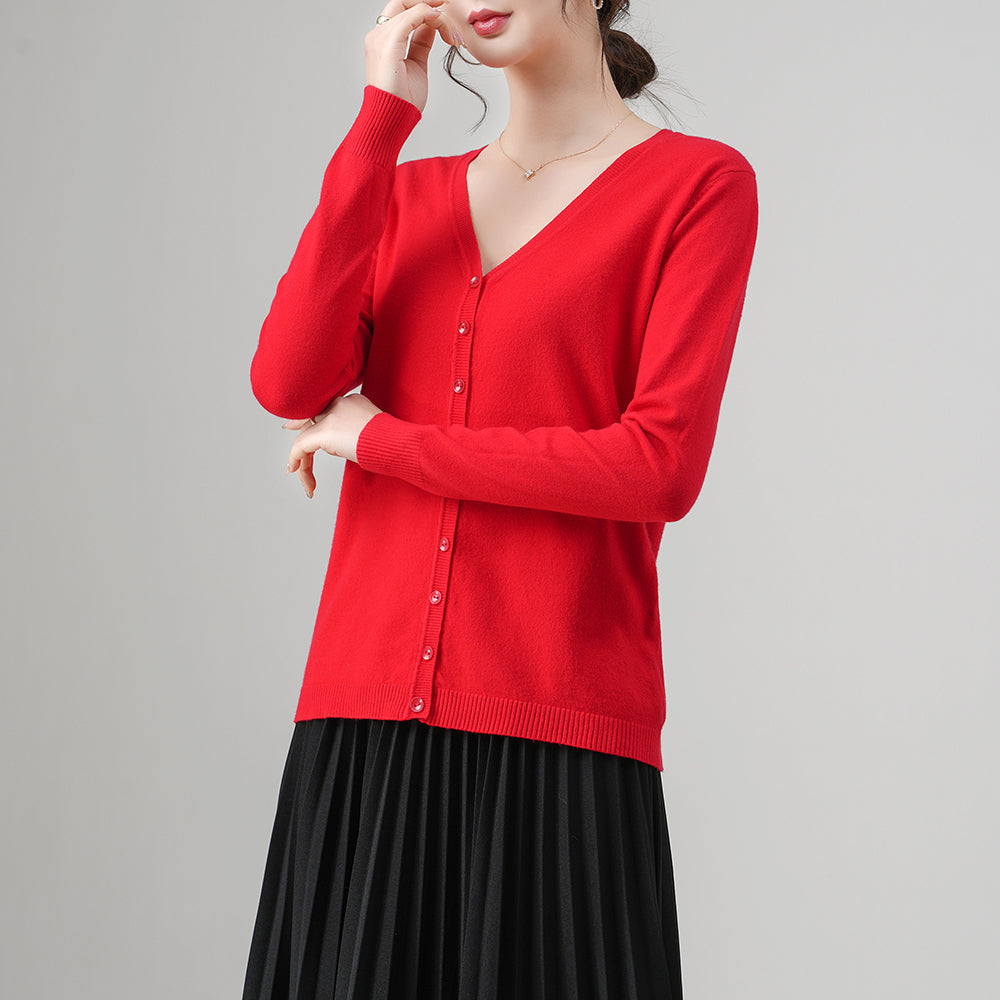 Cárdigan de cuello en V acanalado para mujer | Suéter ajustado con botones | Top de punto informal | Venta al por mayor y personalización de fábrica