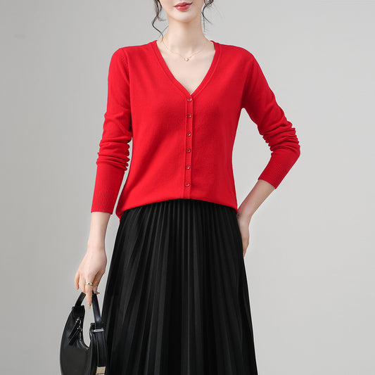 Cárdigan de cuello en V acanalado para mujer | Suéter ajustado con botones | Top de punto informal | Venta al por mayor y personalización de fábrica