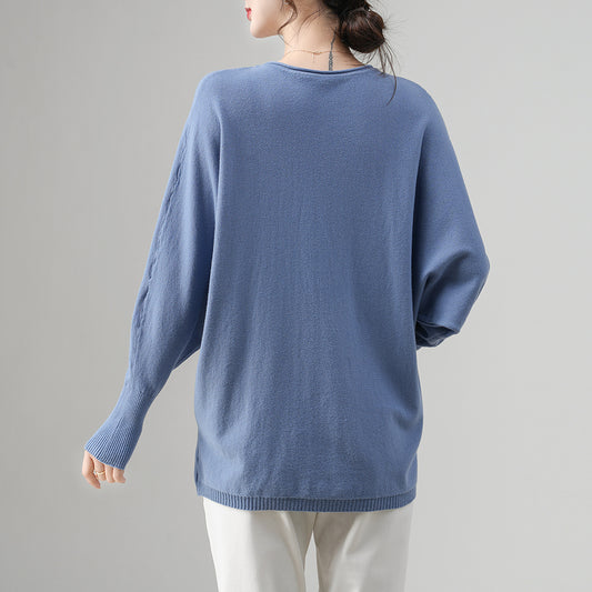 Suéter de punto holgado con mangas murciélago para mujer | Detalle de canalé asimétrico | Cuello redondo | Jersey ligero | Personalizable