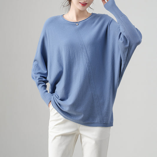 Suéter de punto holgado con mangas murciélago para mujer | Detalle de canalé asimétrico | Cuello redondo | Jersey ligero | Personalizable