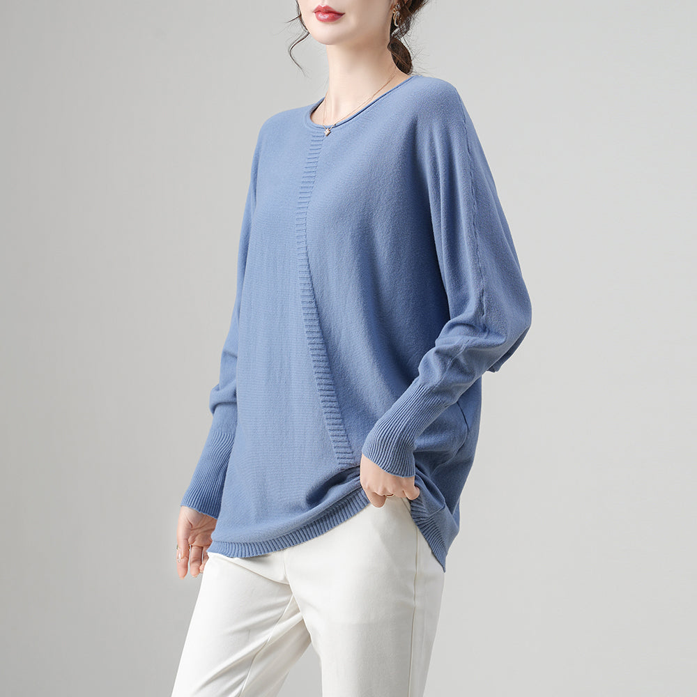 Locker sitzender Strickpullover mit Fledermausärmeln für Damen | Asymmetrisches Rippendetail | Rundhalsausschnitt | Leichter Pullover | Anpassbar